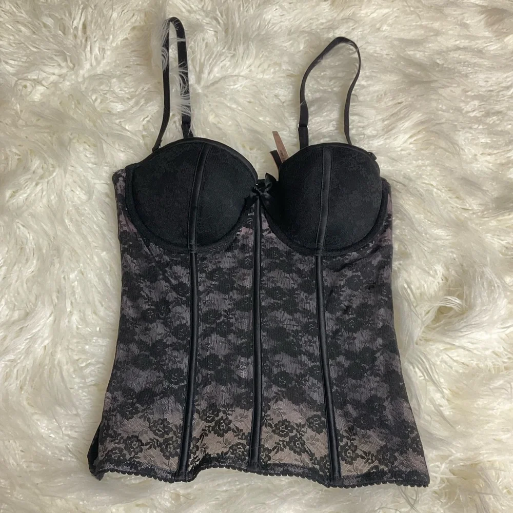 NWT 2010 VS Sexy Little Things Black Lace Corset Bustier 34C Sequin Thong Panty